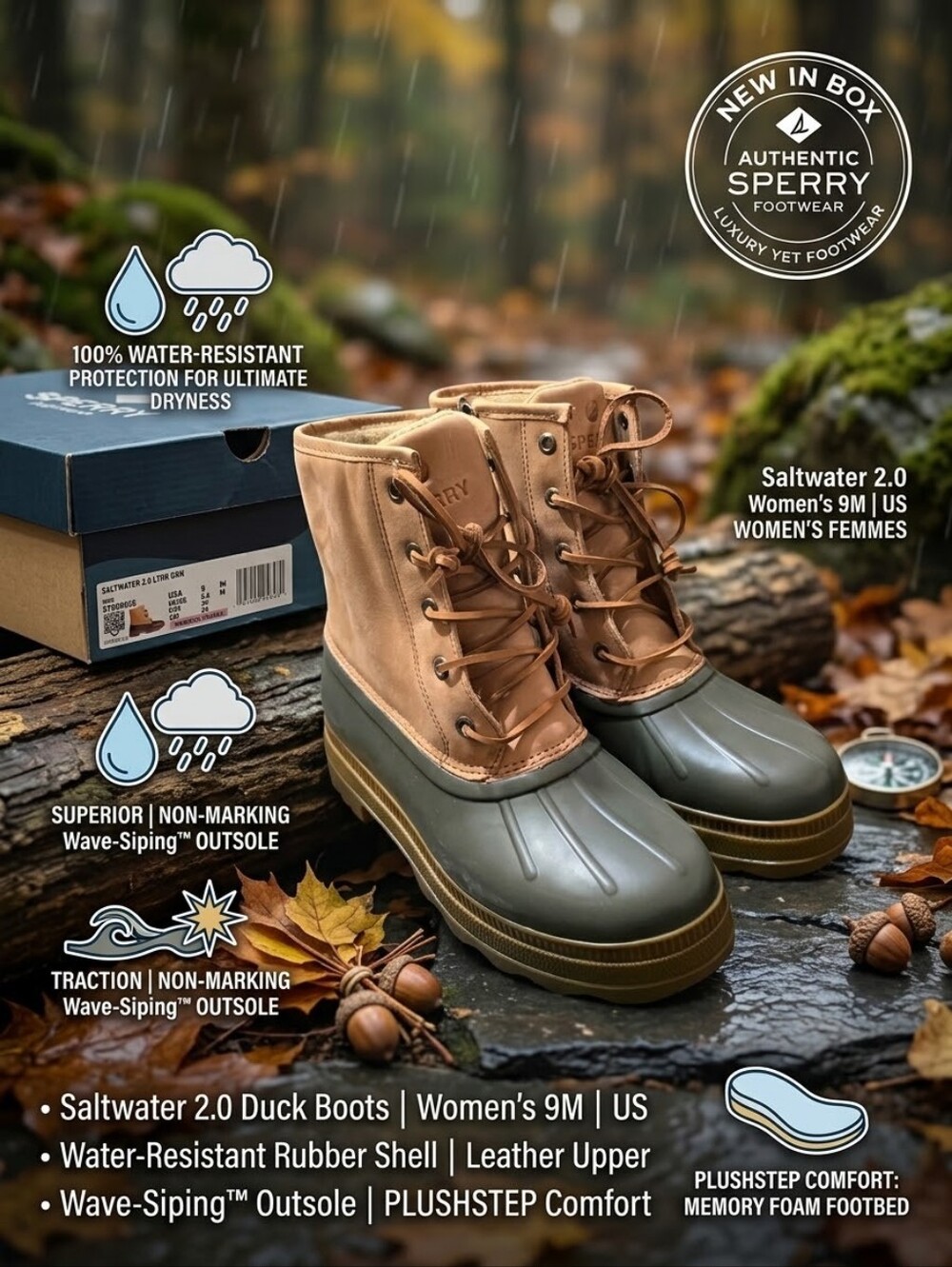 Sperry Saltwater 2.0 Leather Duck Boots Olive Green Tan Women’s 9M NIB